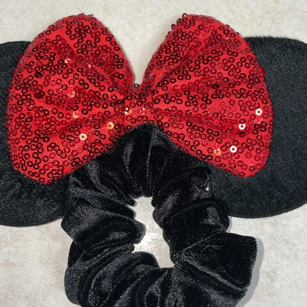 Minnie Mouse Ears Hair Tie Black Velvet Scrunchy with Sequined Red Bow